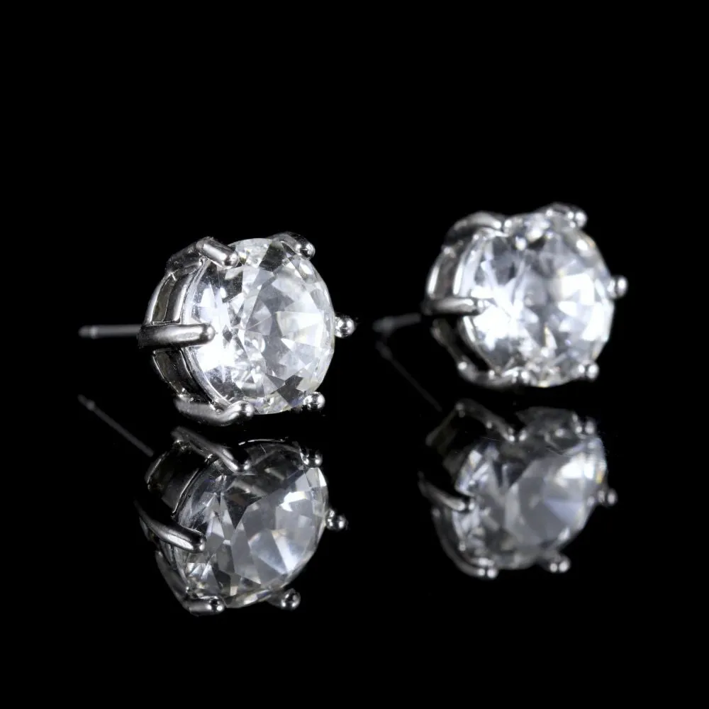 Vintage Paste Stone Solitaire Stud Earrings Platinum Plated